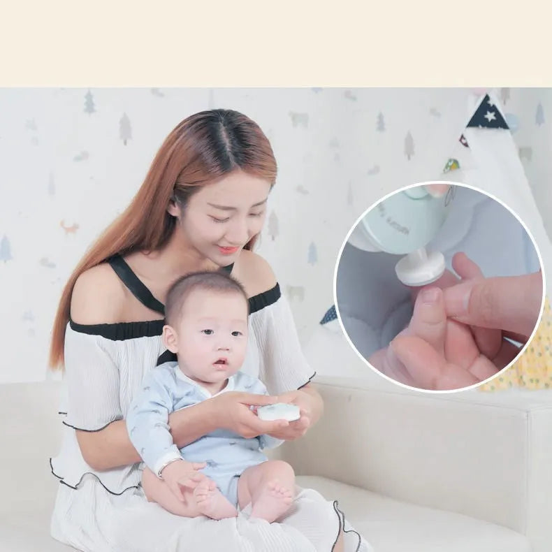 Red and green baby electric nail polisher sets with grinding heads for infant care.
