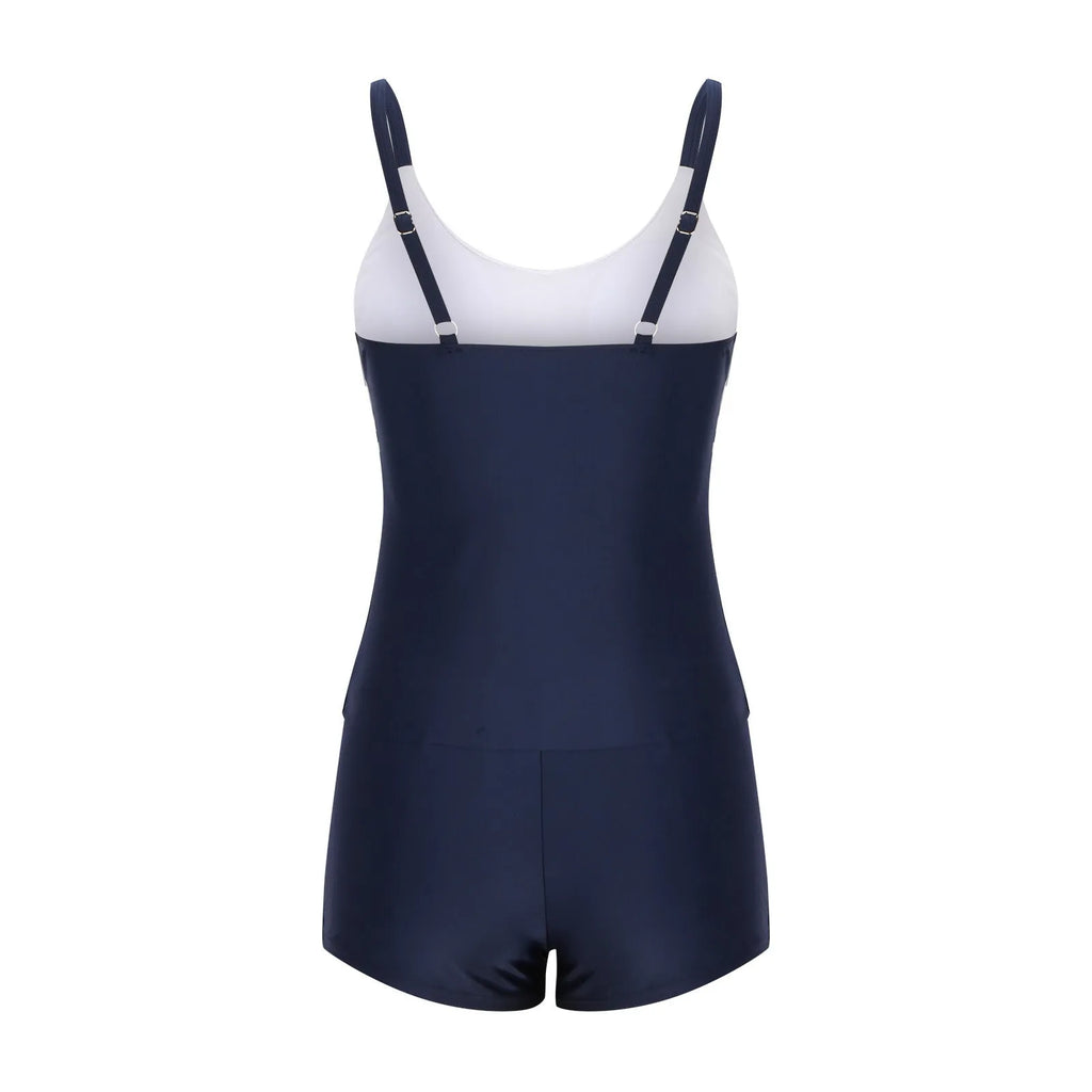 Ladies striped swimsuit with conservative boyshorts bottom and split fashion design in picture colour