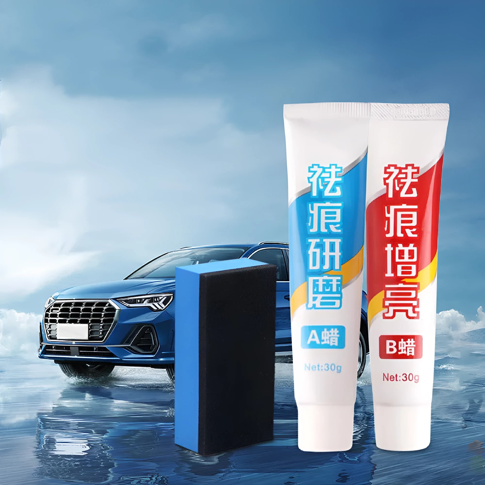 Car repair wax kit with bottles of A and B wax and a frosted sponge applicator for paint correction.