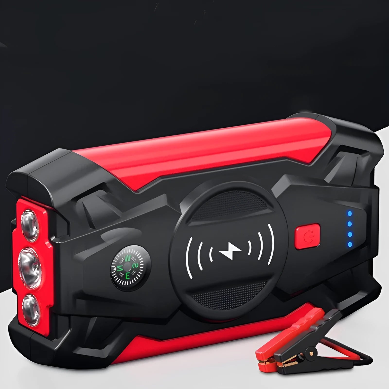 Red portable car battery jump starter power bank with digital display and jumper cables