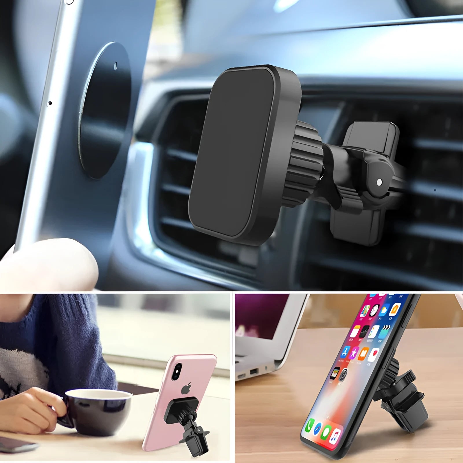 Black magnetic car phone holder attached to vehicle air conditioning vent
