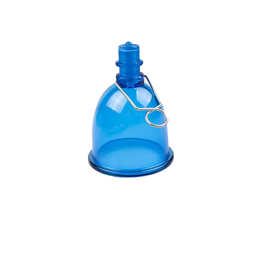Blue silicone men's stretch exerciser cup shown in small, medium, and large sizes