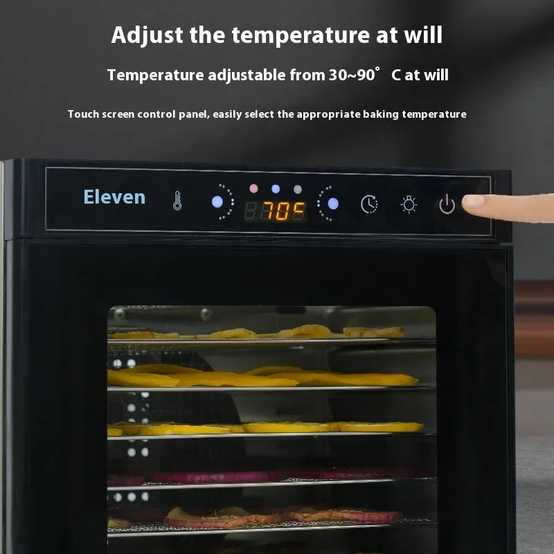 Stainless steel food dehydrator machine with multiple trays and an LED control panel.