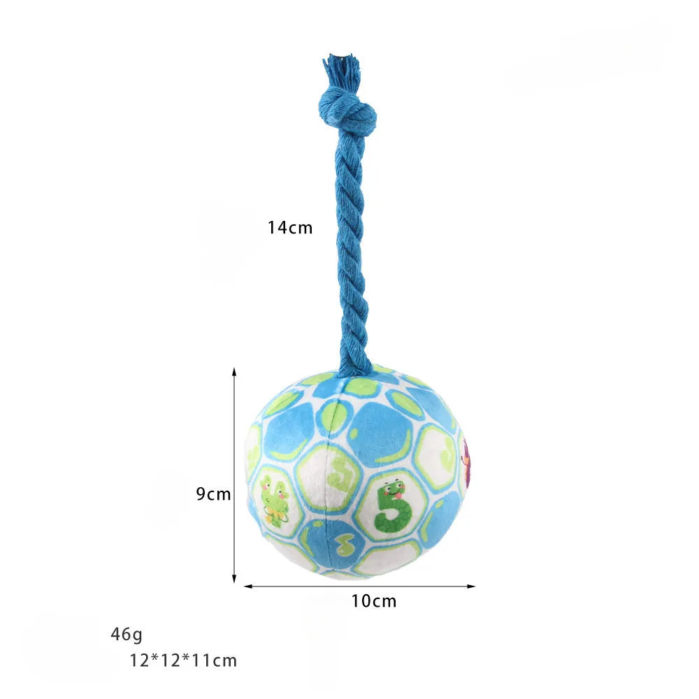 Blue and yellow cartoon elastic football dog toy made from plush cotton rope.