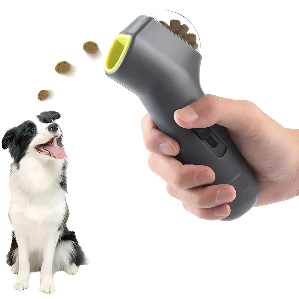 Grey dog treat catapult launcher measuring 18cm with spring trigger mechanism