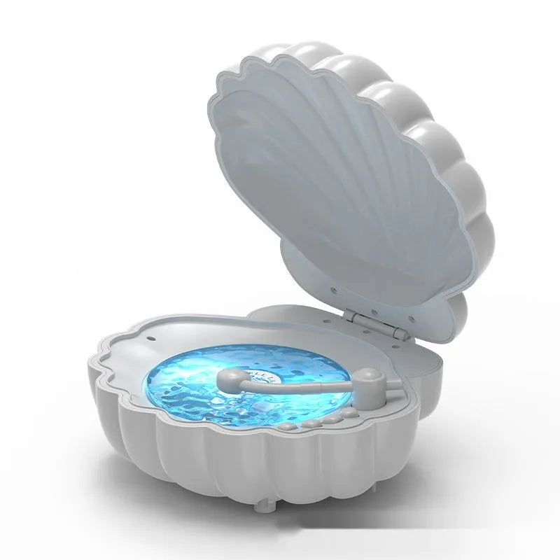 Retro-style vinyl record player shaped shell lamp with LED lights, shown in blue colour.