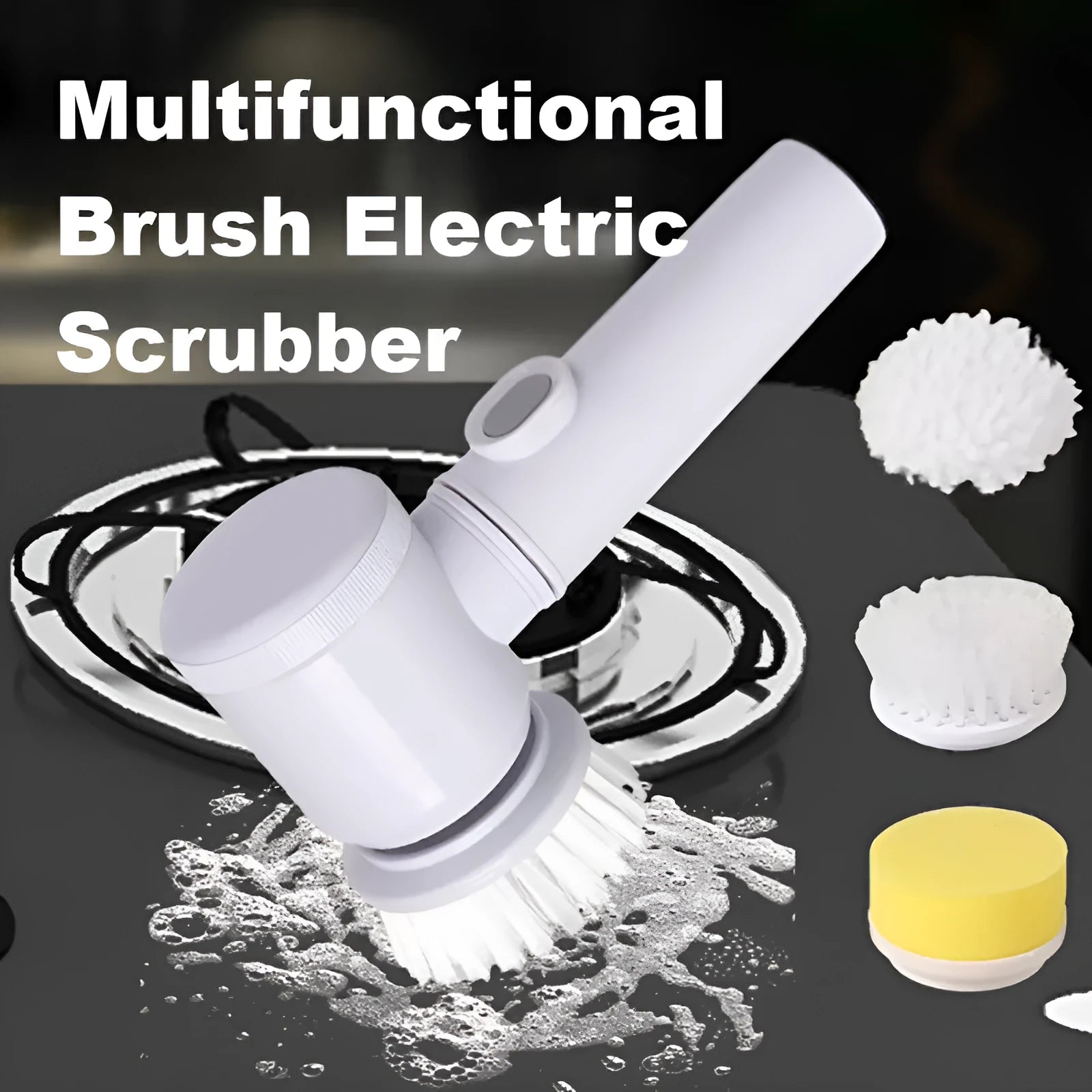 Electric kitchen cleaning brush with replaceable nylon and sponge brush heads for stove and range hood cleaning