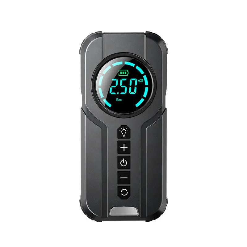 Black wireless portable car air pump with digital display, 6000mAh battery, and accessories including hose and conversion heads