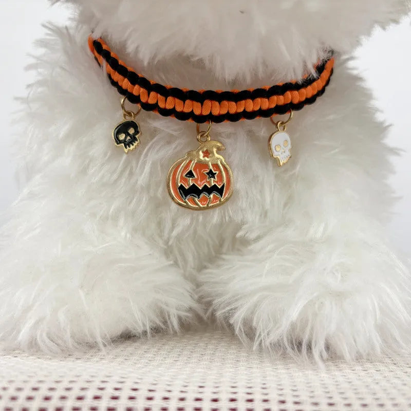 Zinc alloy Halloween charm on a pet collar, showing geometric pattern and clip.
