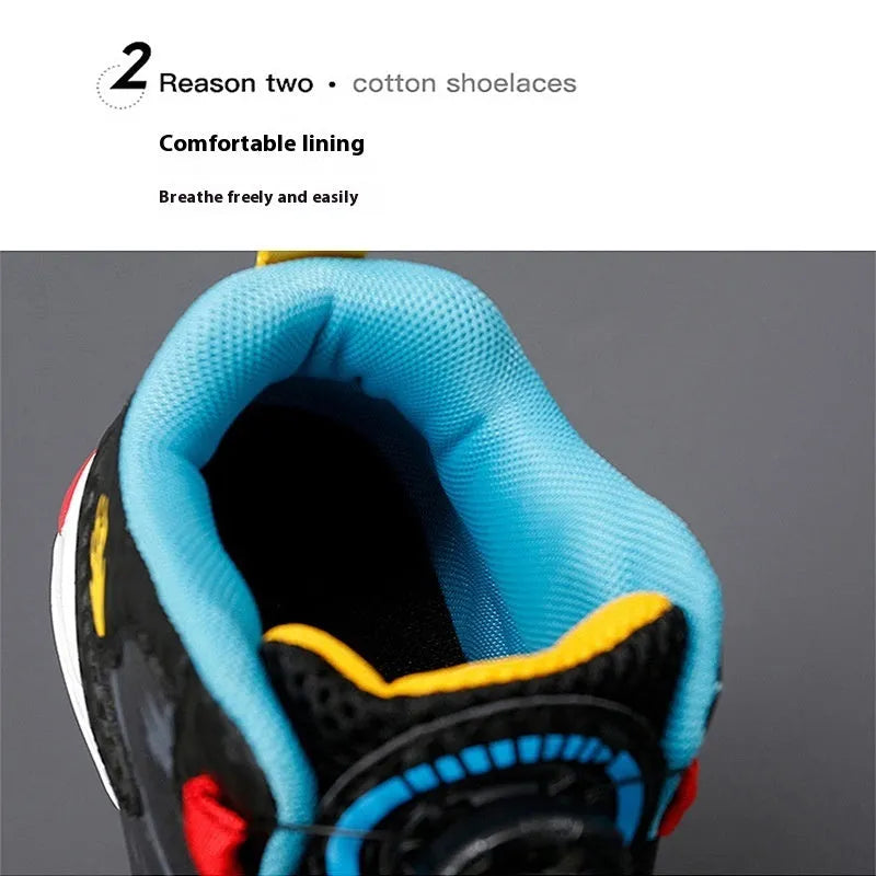 Children's rotating button basketball shoes in multiple colours with a synthetic leather upper and PU sole.