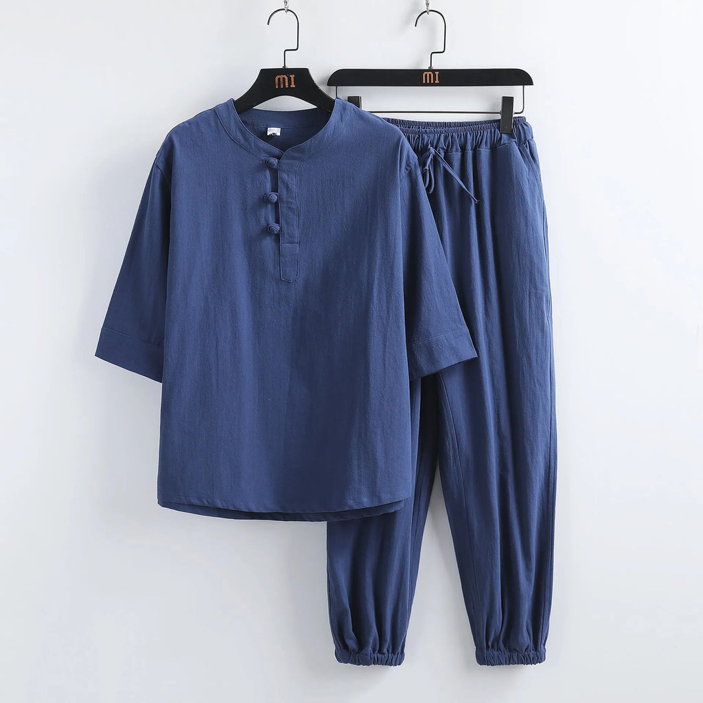 Men's cotton linen short sleeve Hanfu lay Buddhist suit in khaki, with front buckle and matching trousers