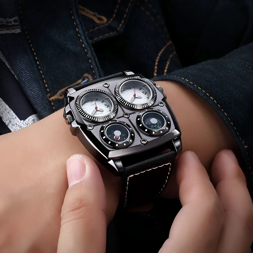 Men's quartz watch with 49mm square alloy case, imitation leather strap, and luminous compass GMT thermometer functions