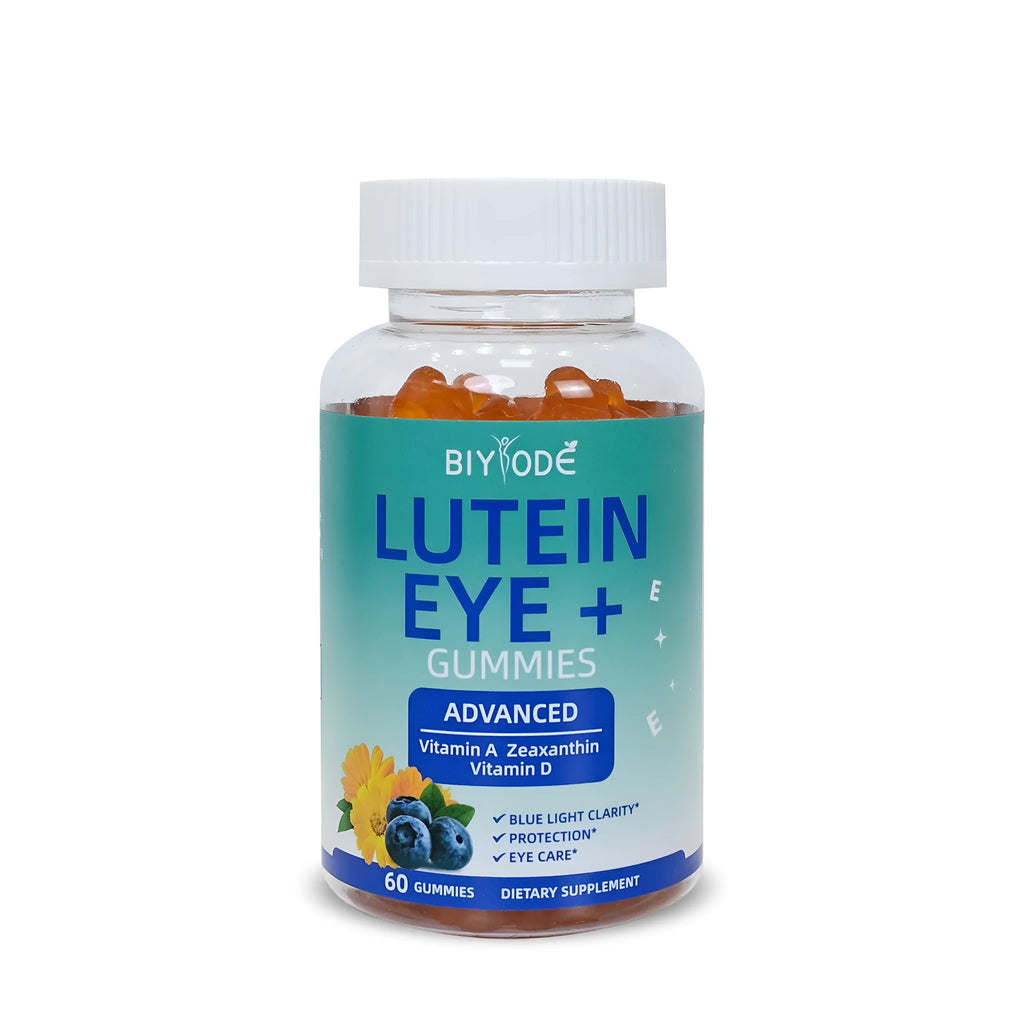 Lutein gummies eye health supplement bottle with 60 gummies, lutein, vitamin A, vitamin D, bilberry, grapeseed and wolfberry