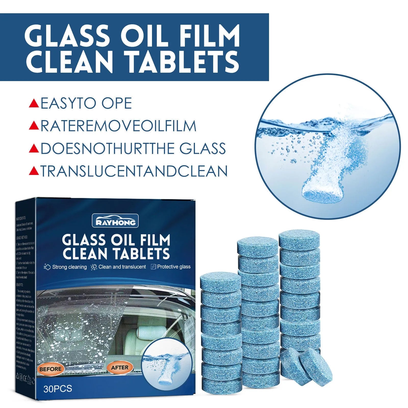 Box of thirty car oil-removing film cleaning effervescent tablets with surfactant formula