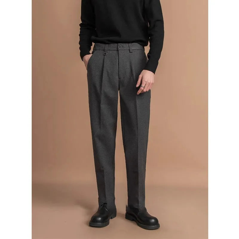 Men's straight cut suit trousers in draped casual design available in four colours