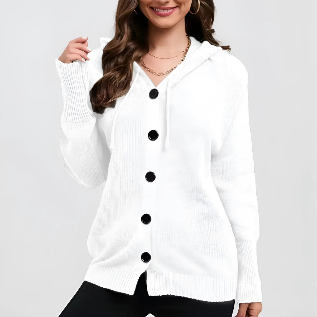 Women's solid colour cotton hooded cardigan sweater in loose fit style
