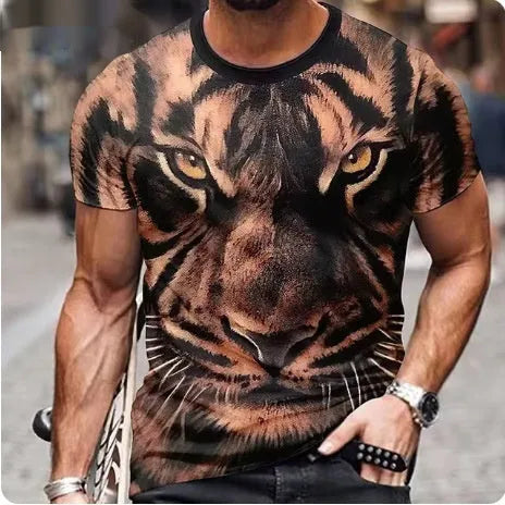 Men's black t-shirt with raised 3D lion graphic print on chest, polyester fabric casual top