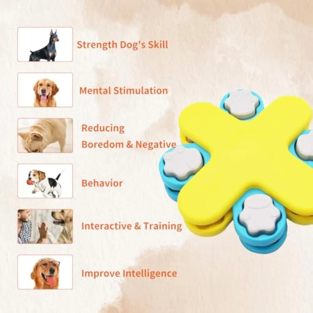 Yellow three-layer rotating dog puzzle feeder with claw-shaped obstacles and anti-slip base