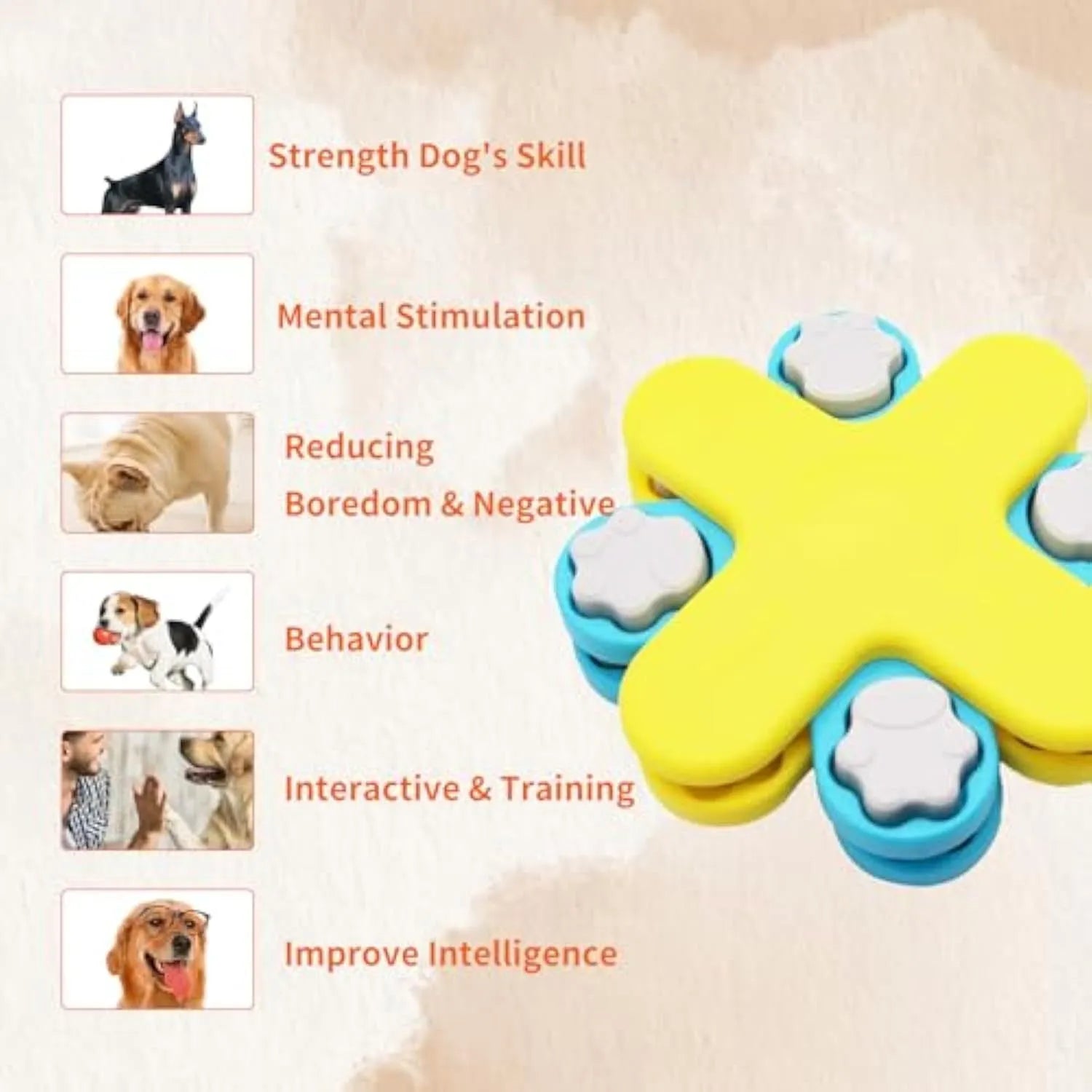 Yellow three-layer rotating dog puzzle feeder with claw-shaped obstacles and anti-slip base