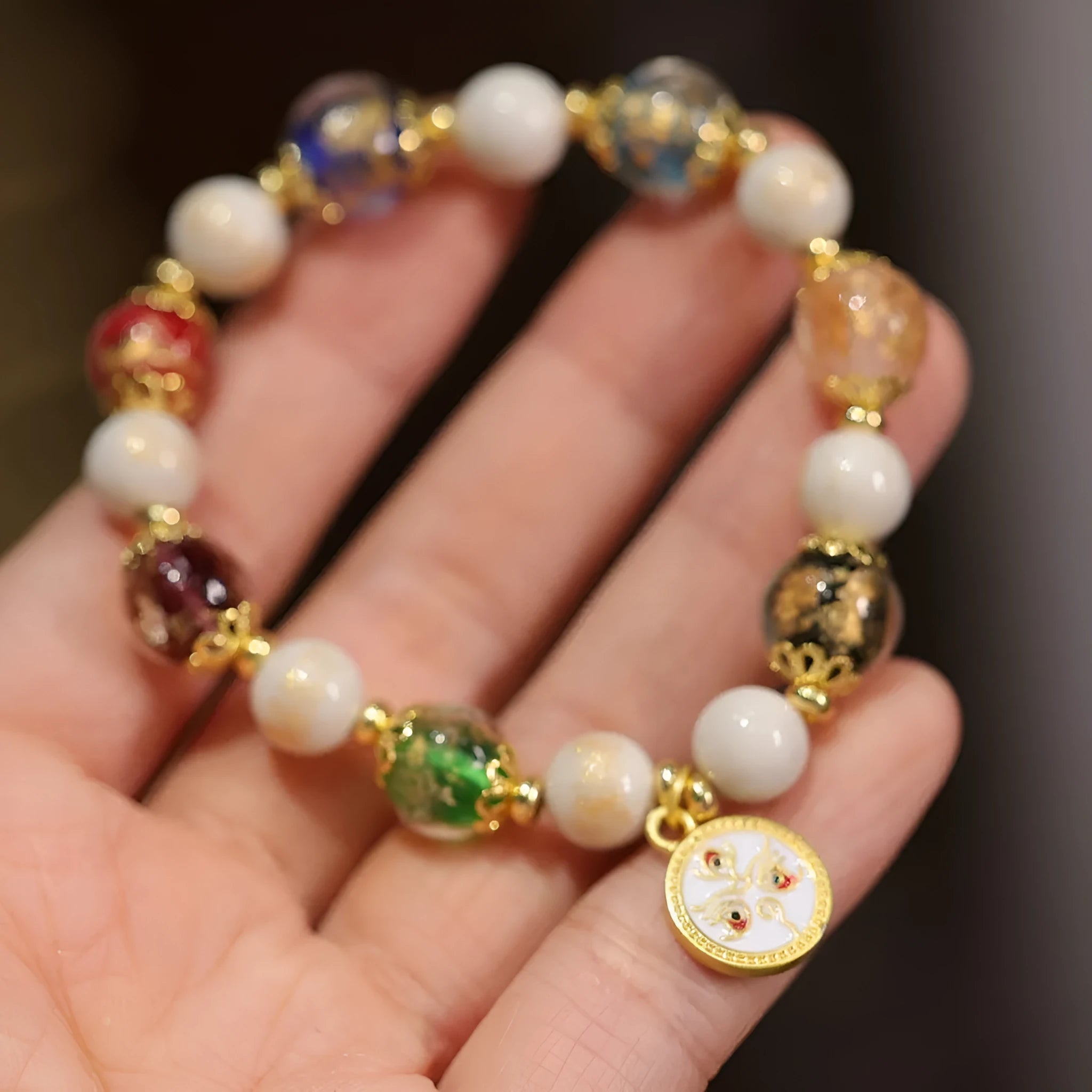 Handmade Five Gods of Wealth glazed porcelain bracelet with 10mm geometric beads