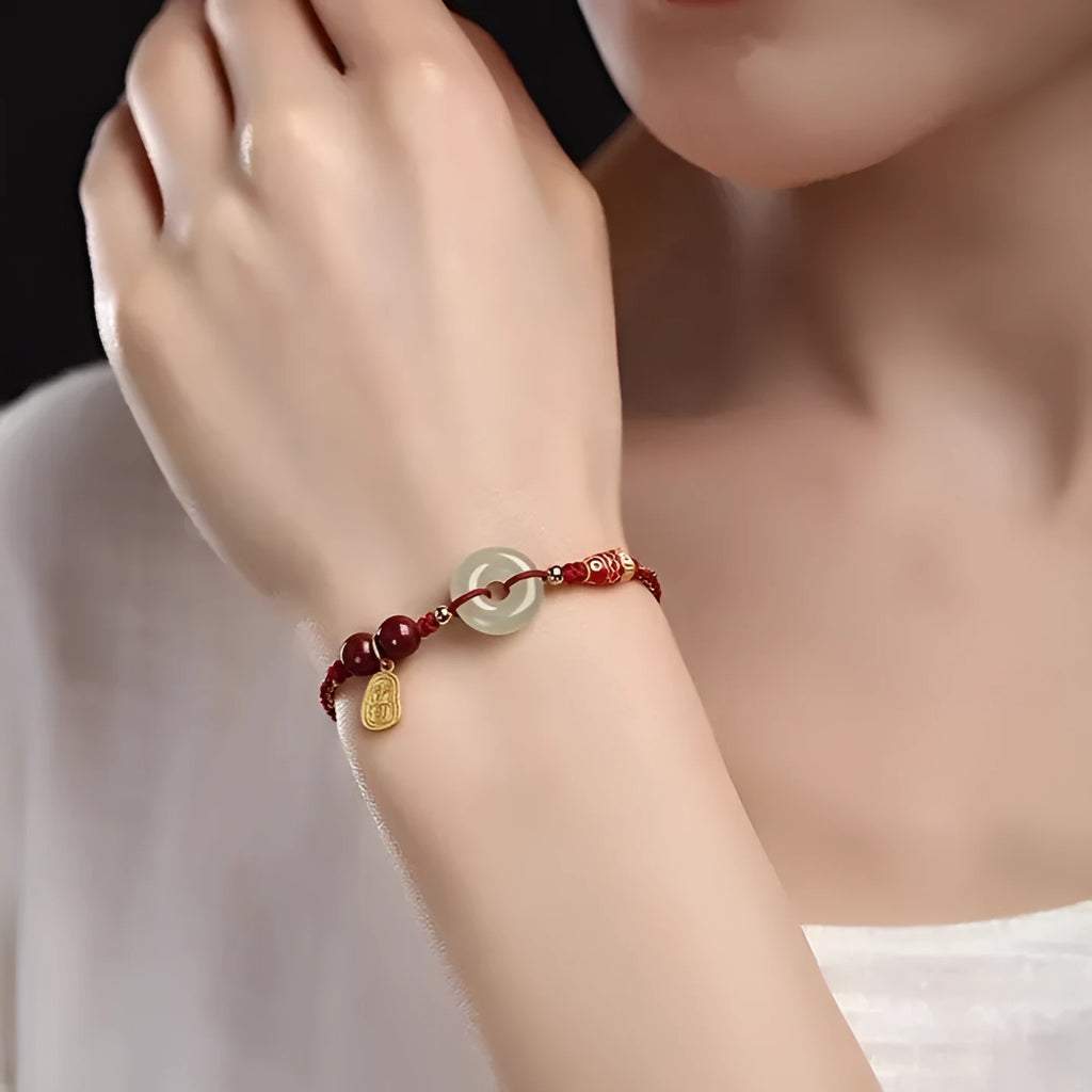 Hetian jade peace buckle bracelet on braided rope in three colour options