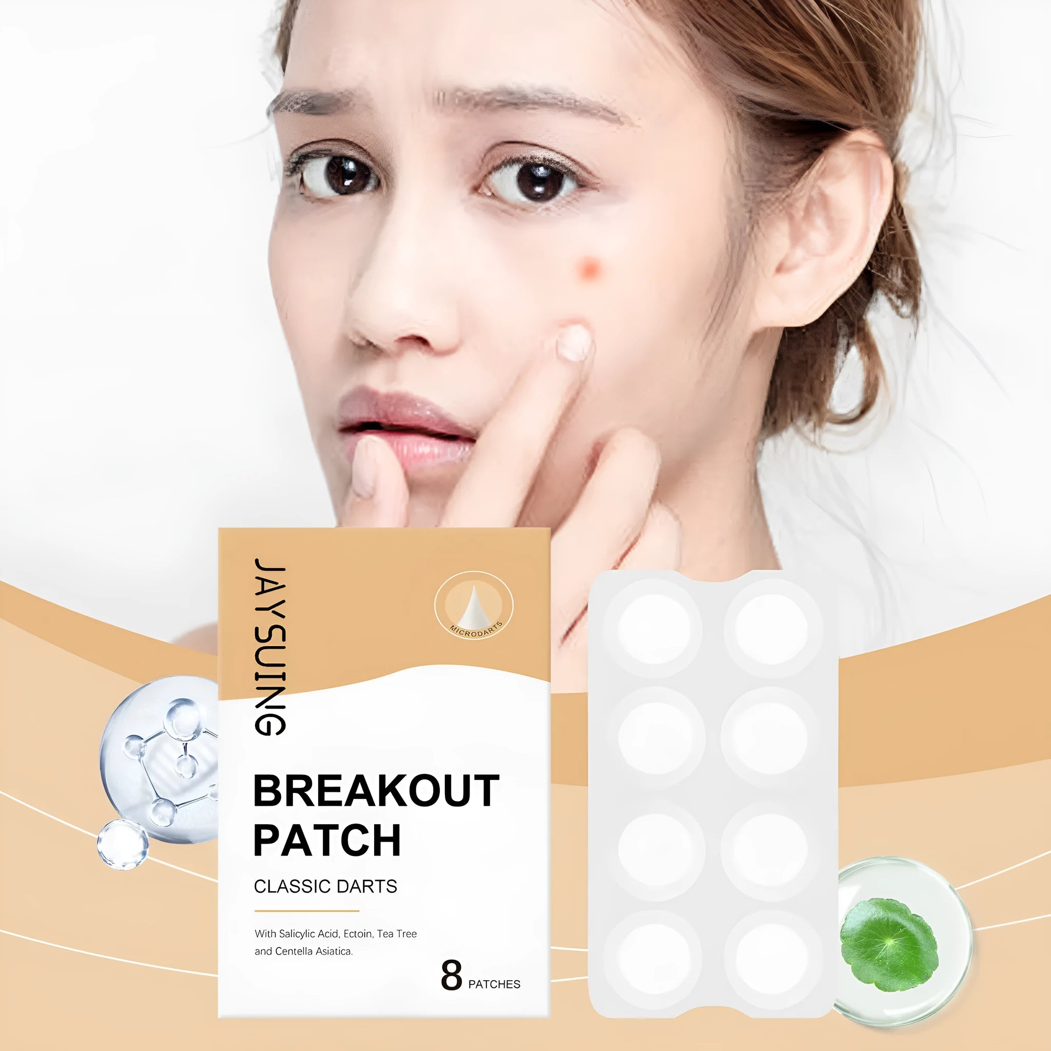 Box of 8 hydrocolloid acne patches containing tea tree oil and centella extract for spot treatment