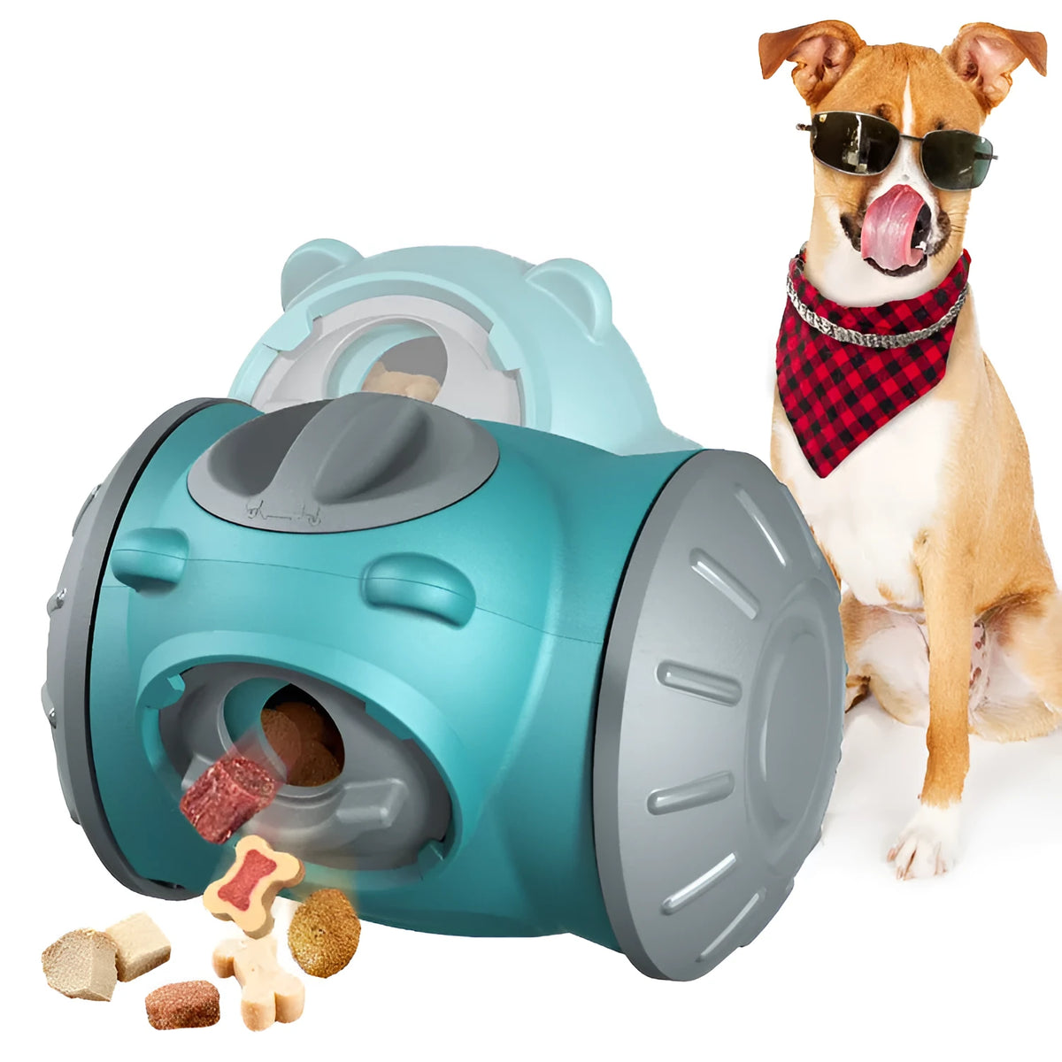Self-balancing dog and cat tumbler toy in red, green or pink with slider puzzle and slow feeder use
