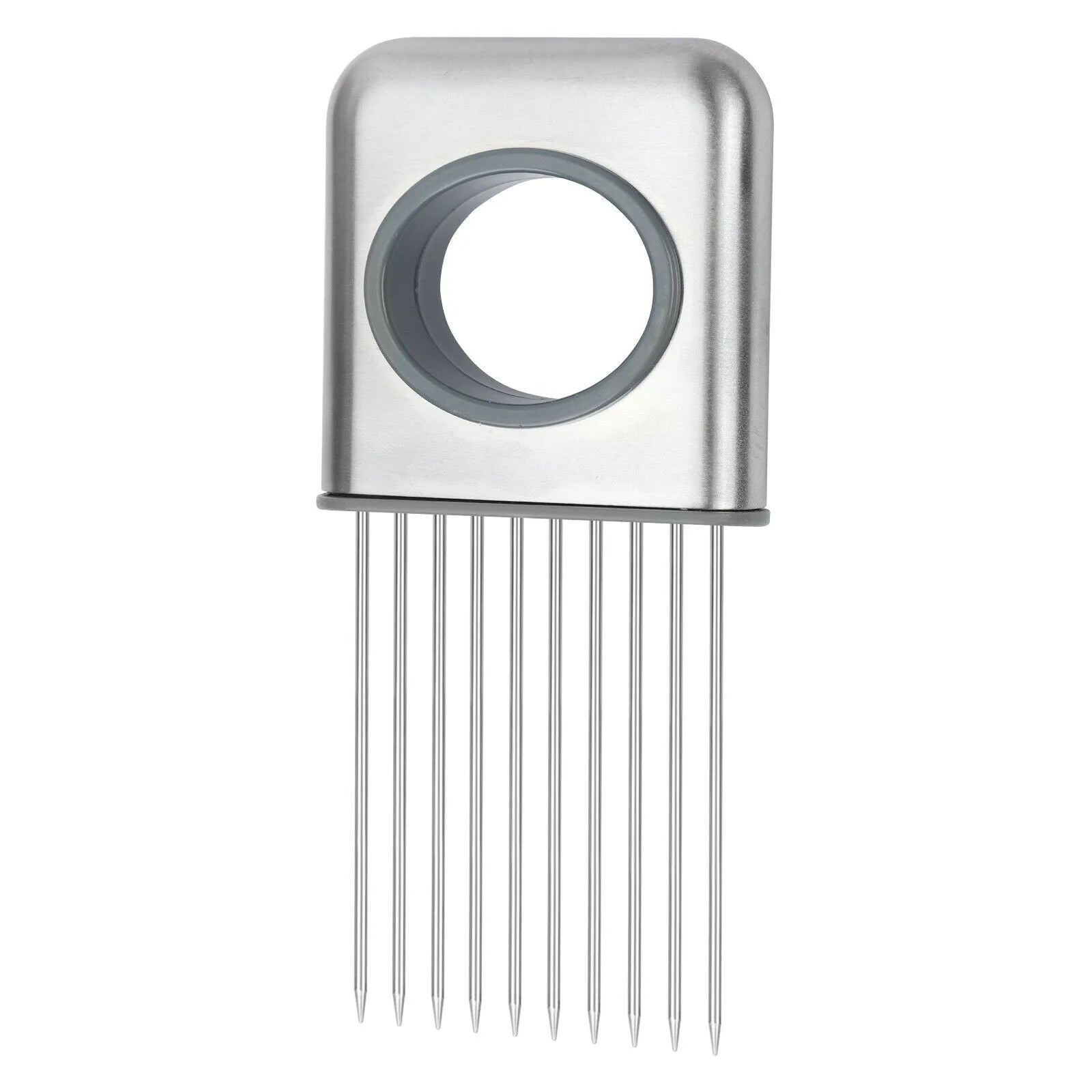 Stainless steel onion holder kitchen tool with prongs for slicing vegetables hands-free