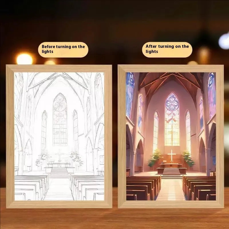 Cross Redemption modern rectangle LED light painting photo frame with illuminated artwork on man-made board