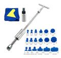 Automotive dent repair tool kit with metal T-shaped hammer and blue adhesive attachments for car body panel dent removal