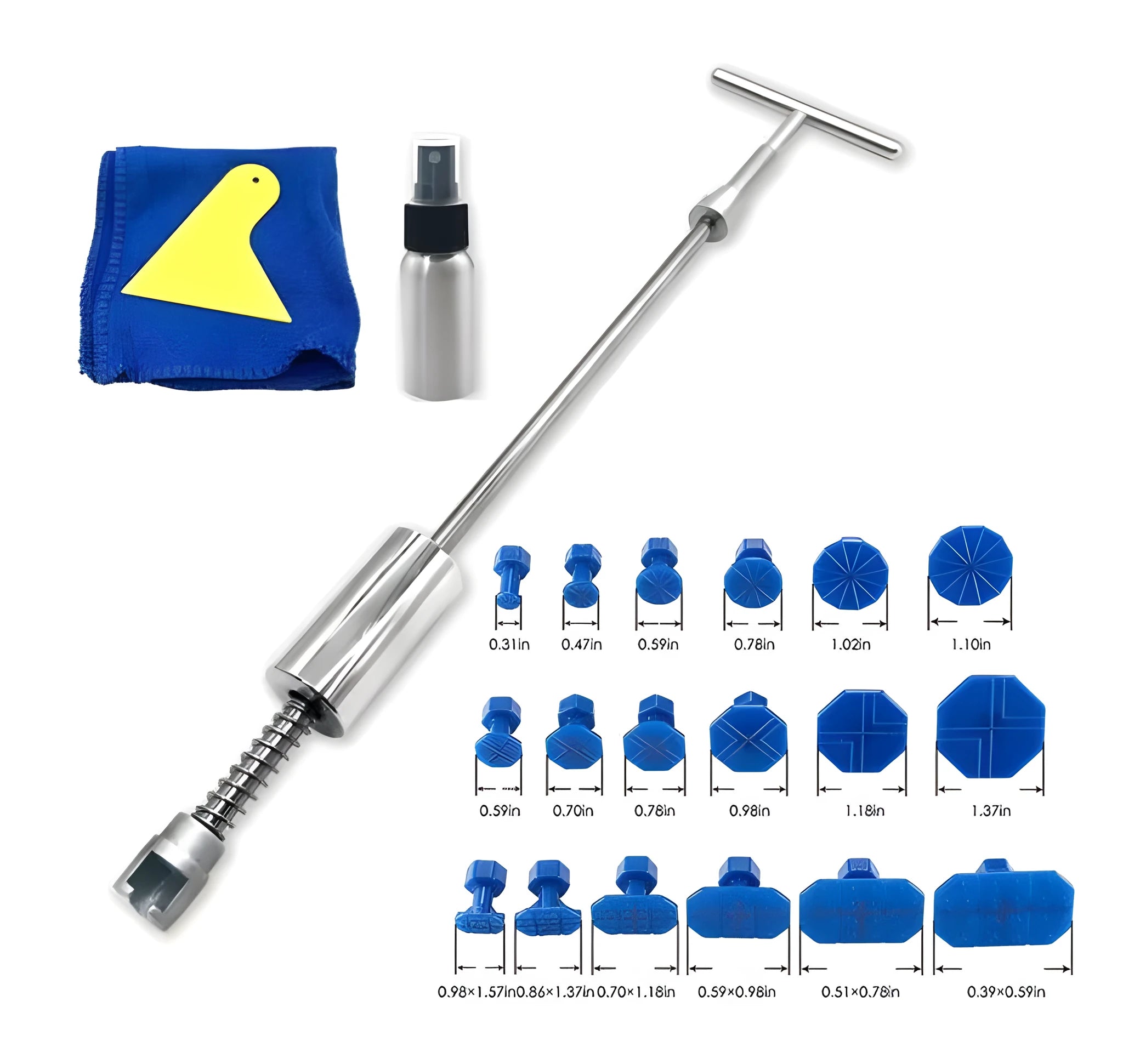 Automotive dent repair tool kit with metal T-shaped hammer and blue adhesive attachments for car body panel dent removal
