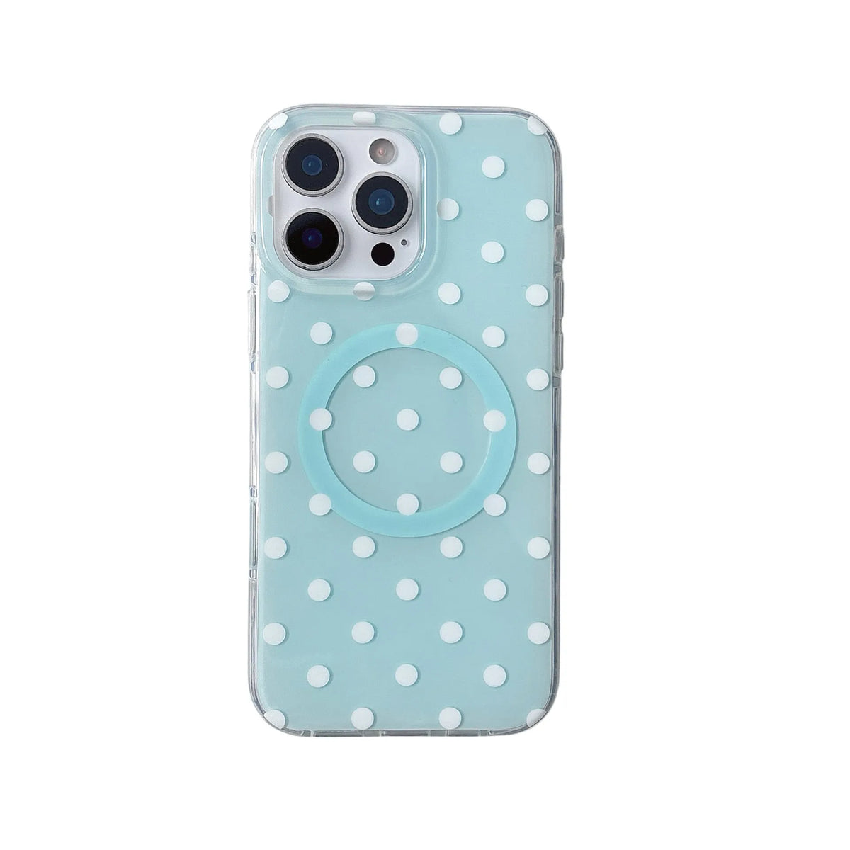 Polka dot iPhone case with magnetic bracket in black, pink, blue, and purple, compatible with iPhone models.