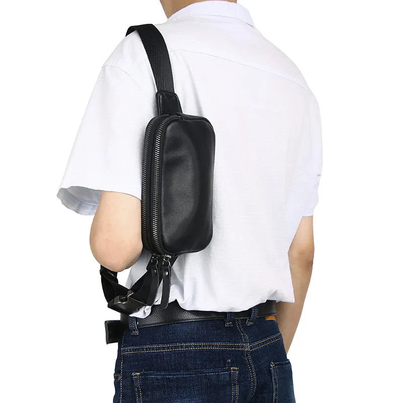 Men's small black cowhide crossbody bag showing front view with dimensions