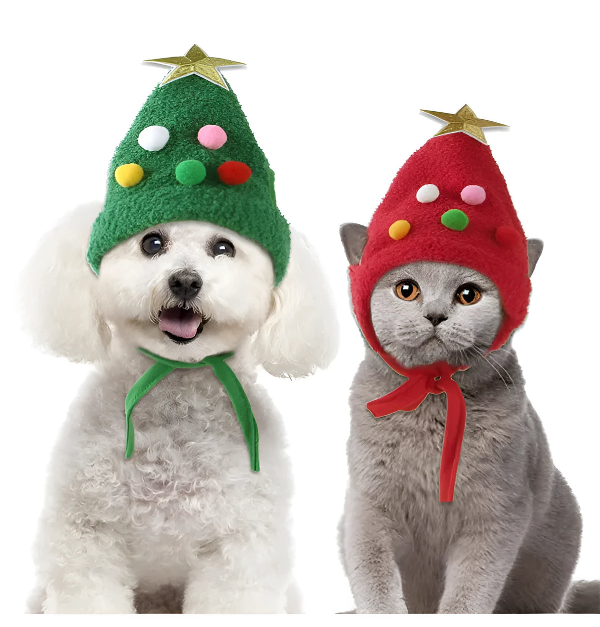 Christmas pet costume with white reindeer antler hat and green velvet bib on small pet