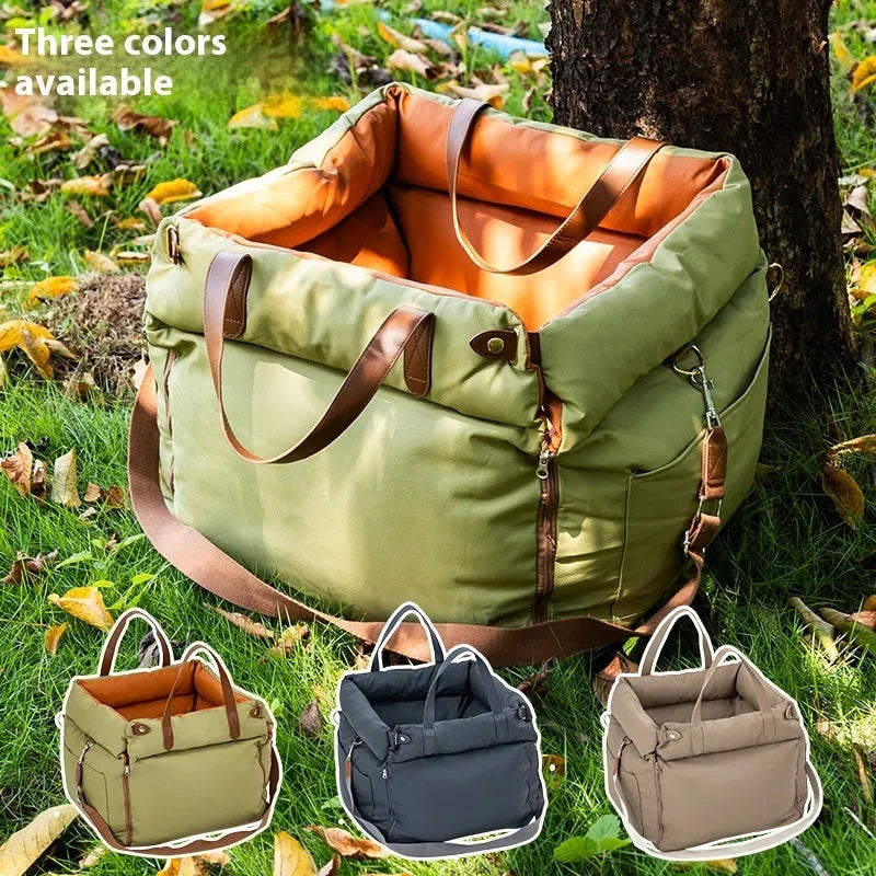 Brown removable cloth cat car kennel showing dimensions of 55cm by 50cm by 45cm.