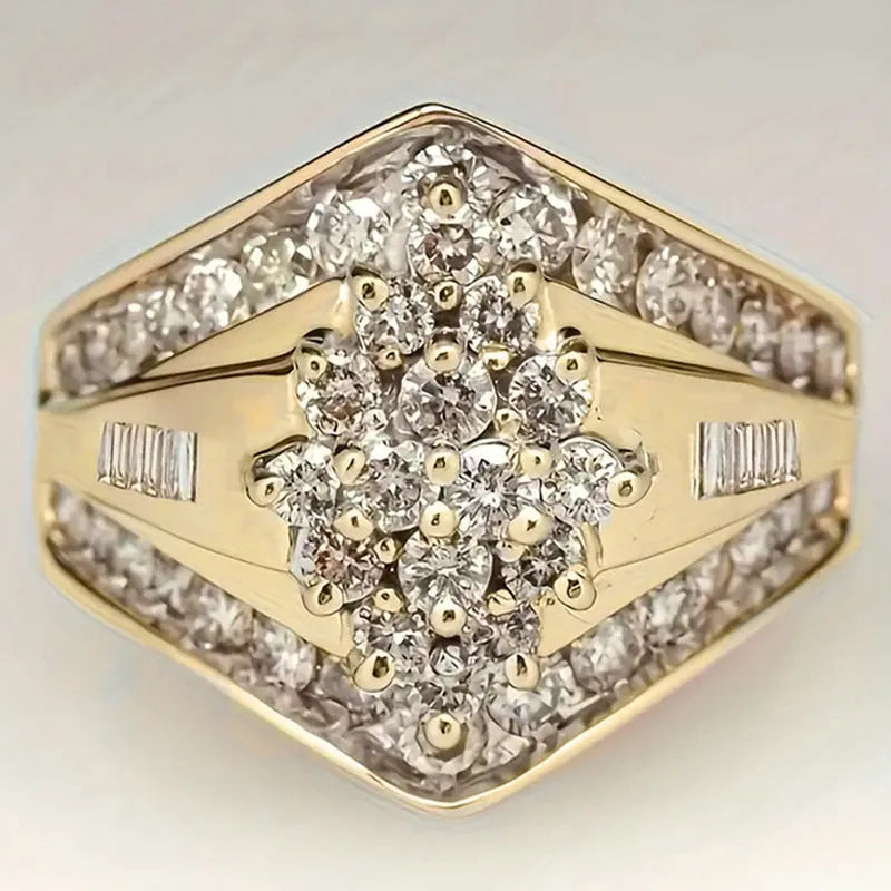 Gold electroplated geometric heavy industry ring on copper base showing palace style design details