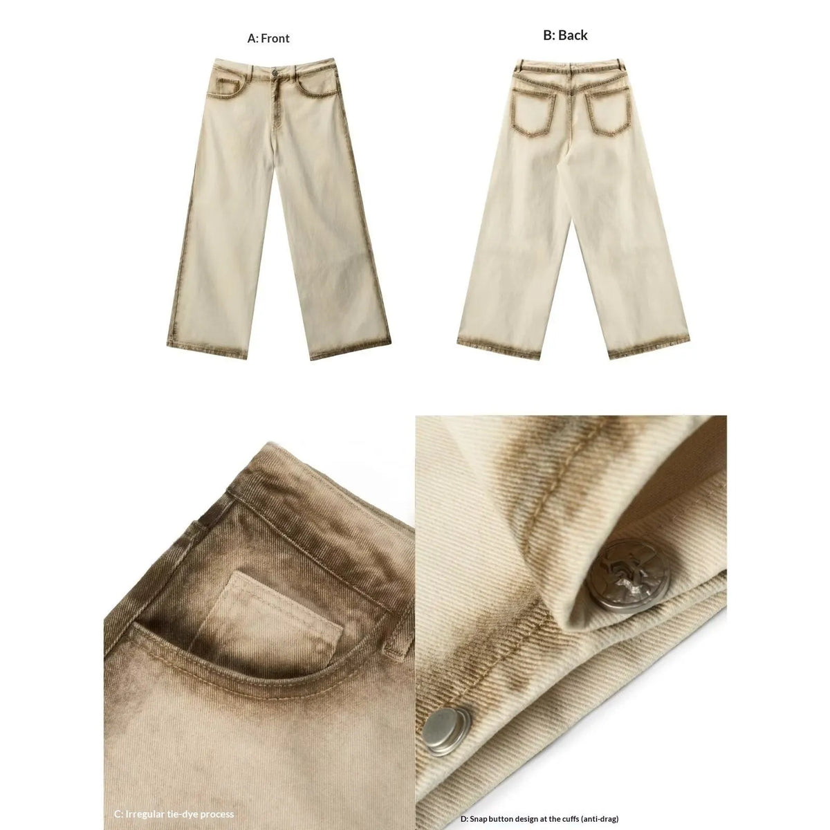 Beige loose straight floor-length cotton pants with mid-rise waist and non-stretch fabric