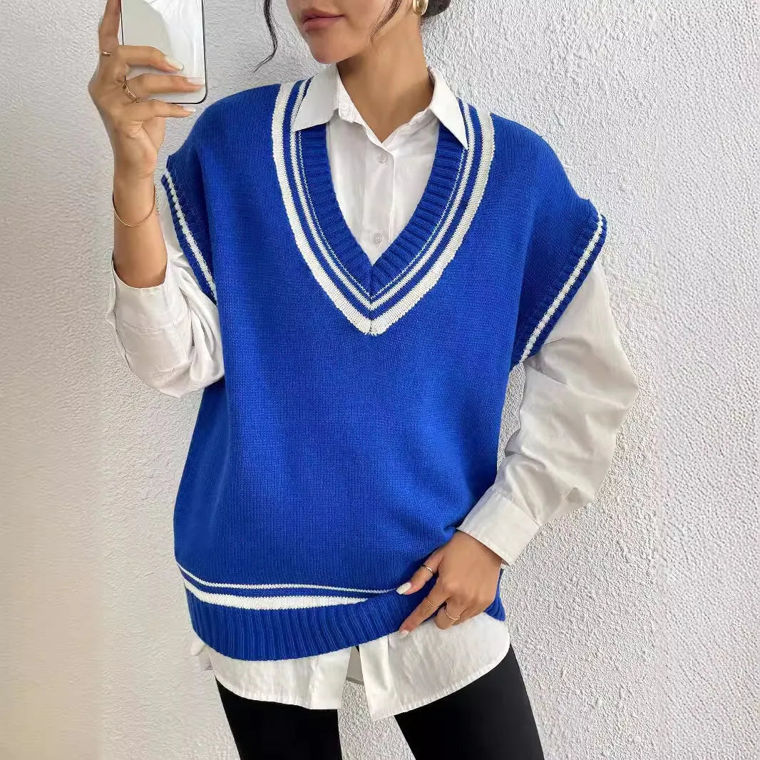 Women's loose-fit college style vest sweater in blue, coffee, and black colour options.