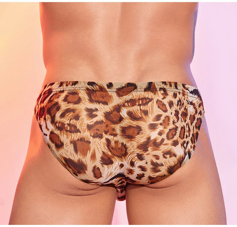 Men's leopard print low-waist brief underwear with elastic waistband