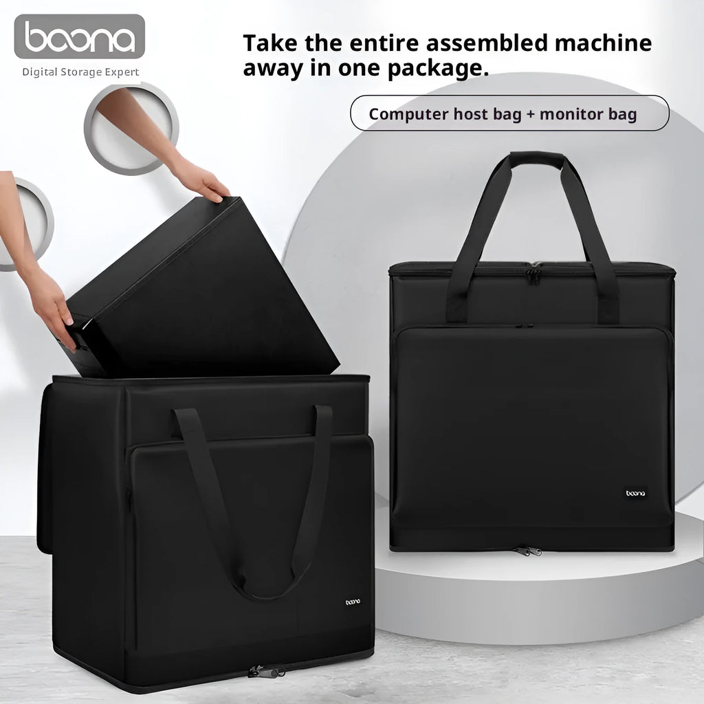Black Oxford cloth desktop computer host storage bag with 30kg capacity for PC tower and 27-inch display