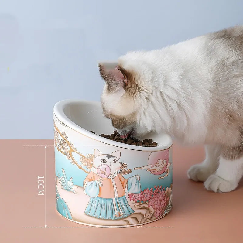 Chinese style ceramic cat bowl with high leg stand and dual feeding compartments
