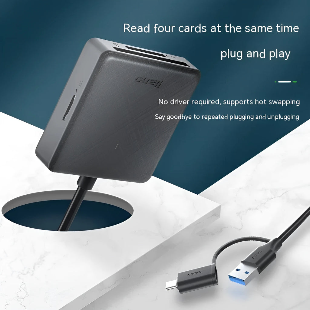 SDTFCF USB 3.0 multi-drive card reader with Type-C, compact ABS body, reads four memory cards at once