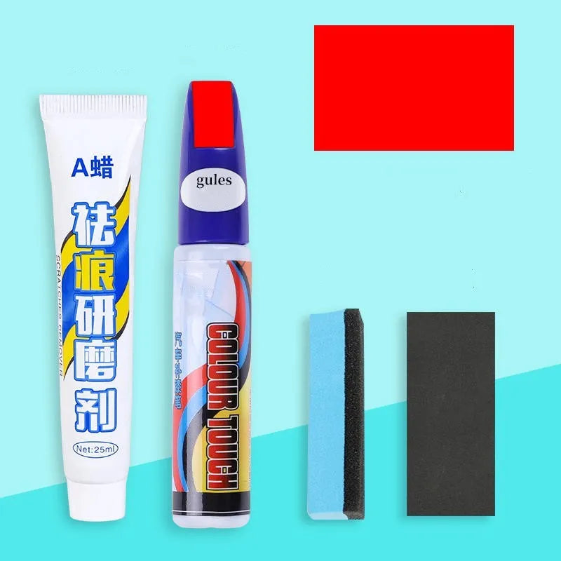 Automotive paint repair pen scratch repair fluid 4-piece kit components laid out