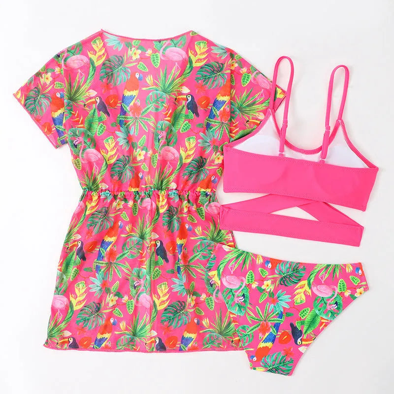 Girls floral split overclothes swimsuit bikini set in polyester fabric