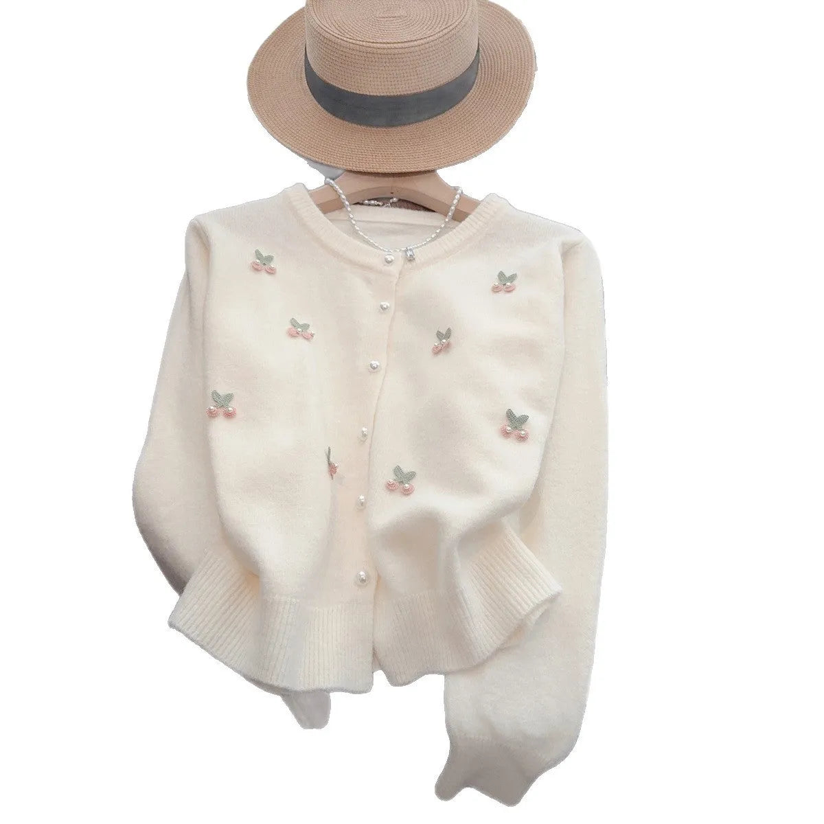 Women's beaded cashmere cardigan in slim fit free size showing round neck and decorative detail