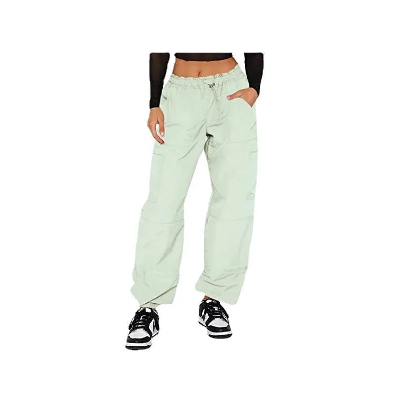 Men's multi-pocket straight-leg cargo casual trousers on a hanger, shown in a khaki colour.