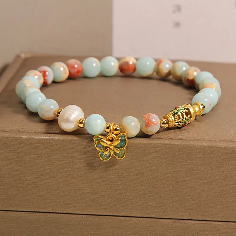 Blue women's bracelet with Shoushan stone and freshwater pearl butterfly pendant jewellery
