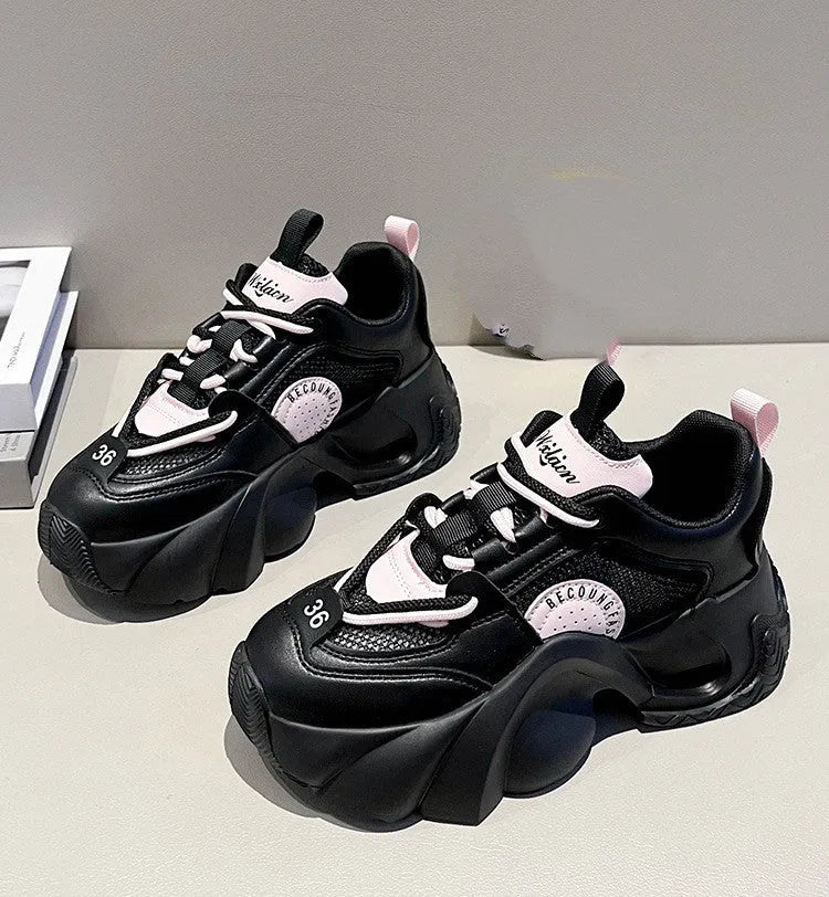 Women's pink casual sneakers with cross straps and thick platform sole