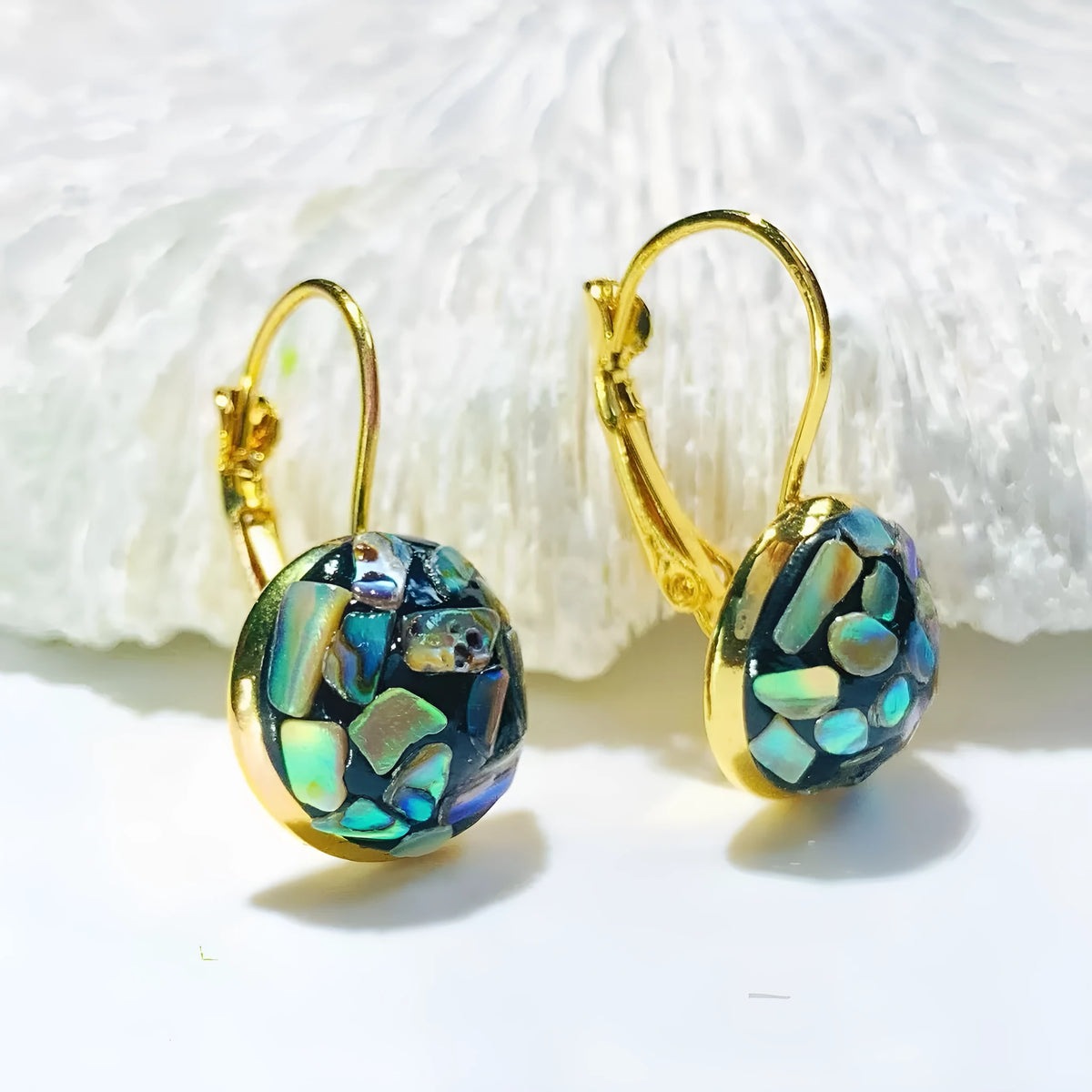 Handmade mother-of-pearl earrings for women with Chinese Fu character motif and iridescent shell finish