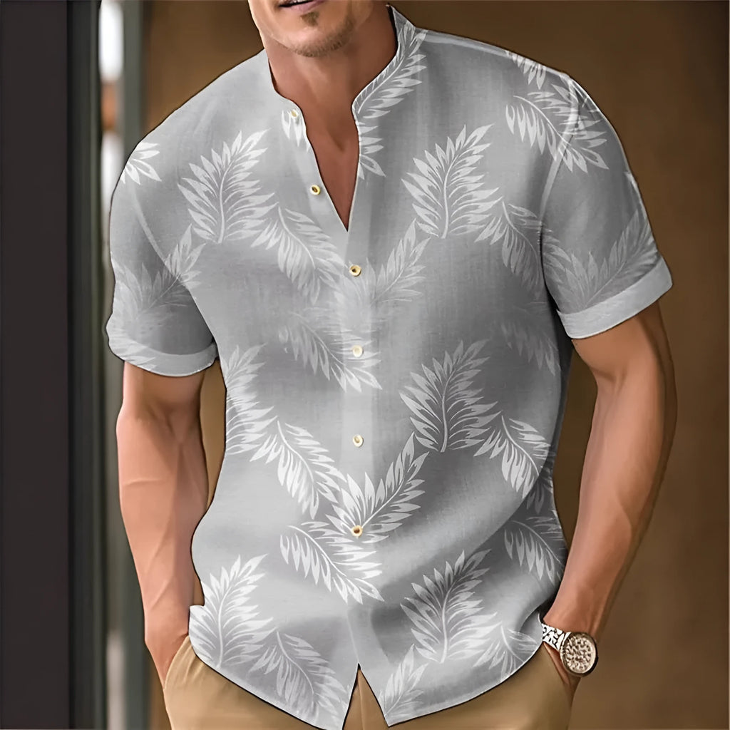 Men's printed casual polyester shirt shown in one of eight available colours.